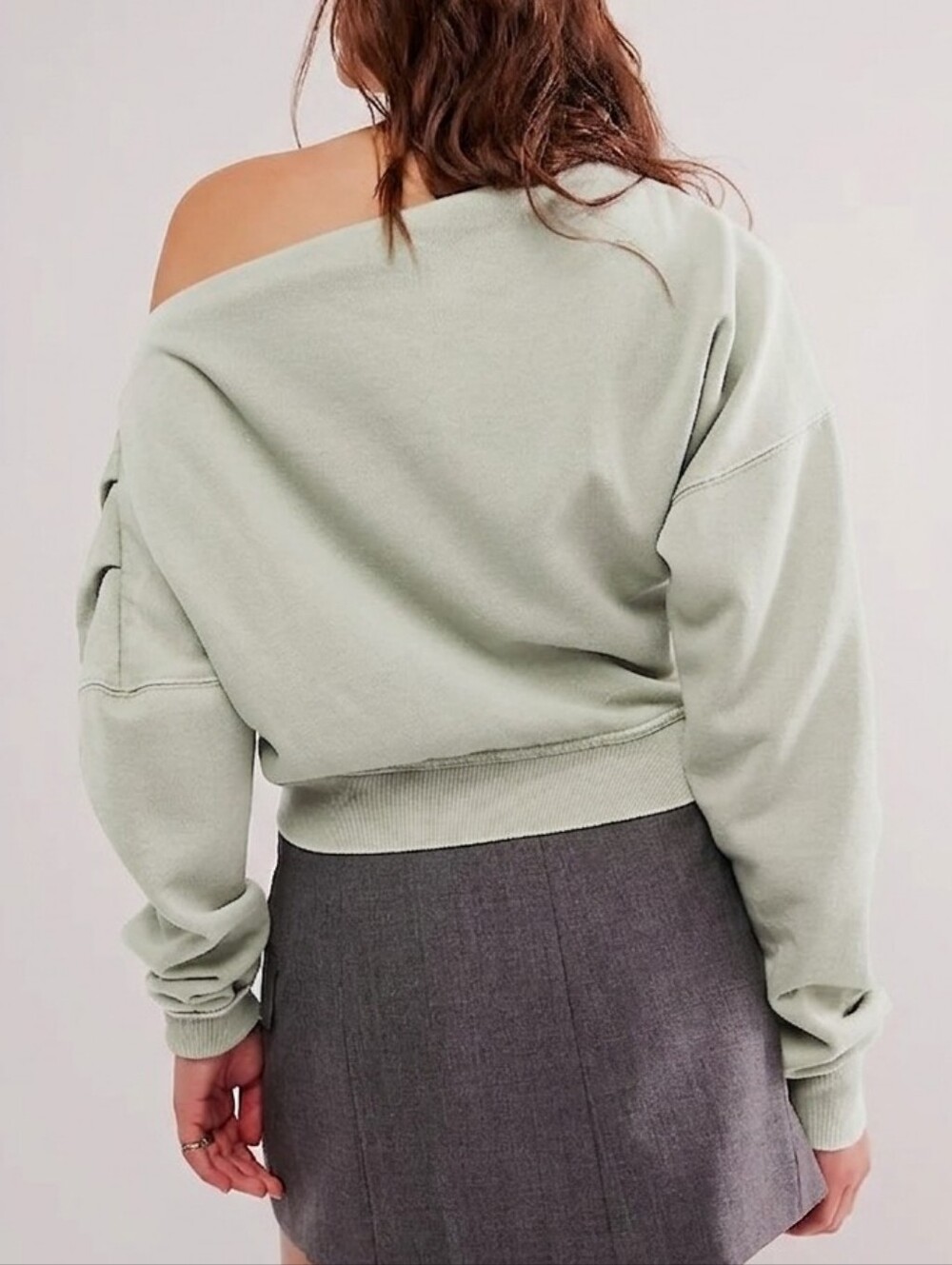 Free People Sage Green Distressed Off-The-Shoulder Date Night Sweatshirt Size S